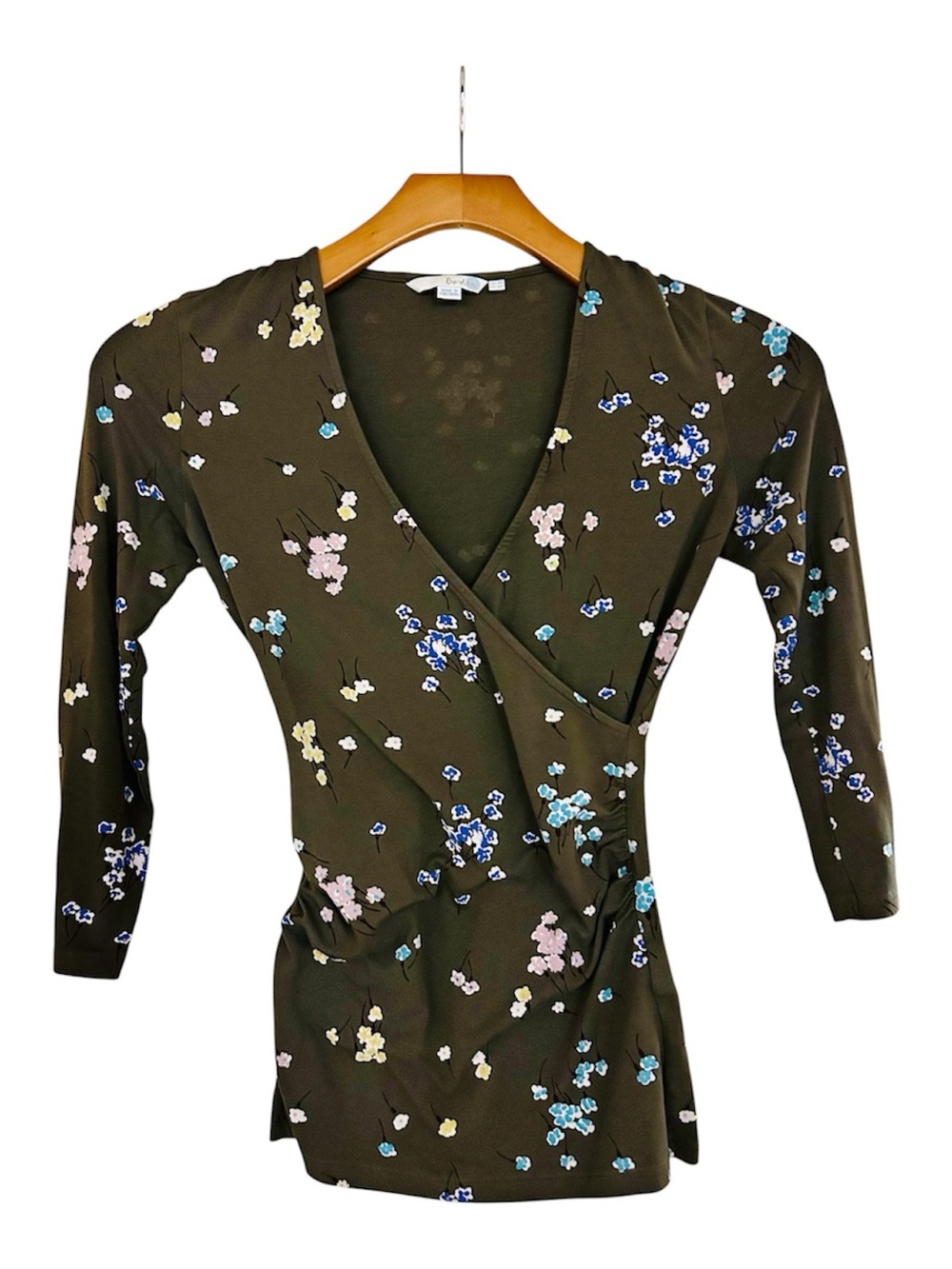 Boden Olive Floral Cross-Over Wrap-Style Blouse with Pastel Blooms